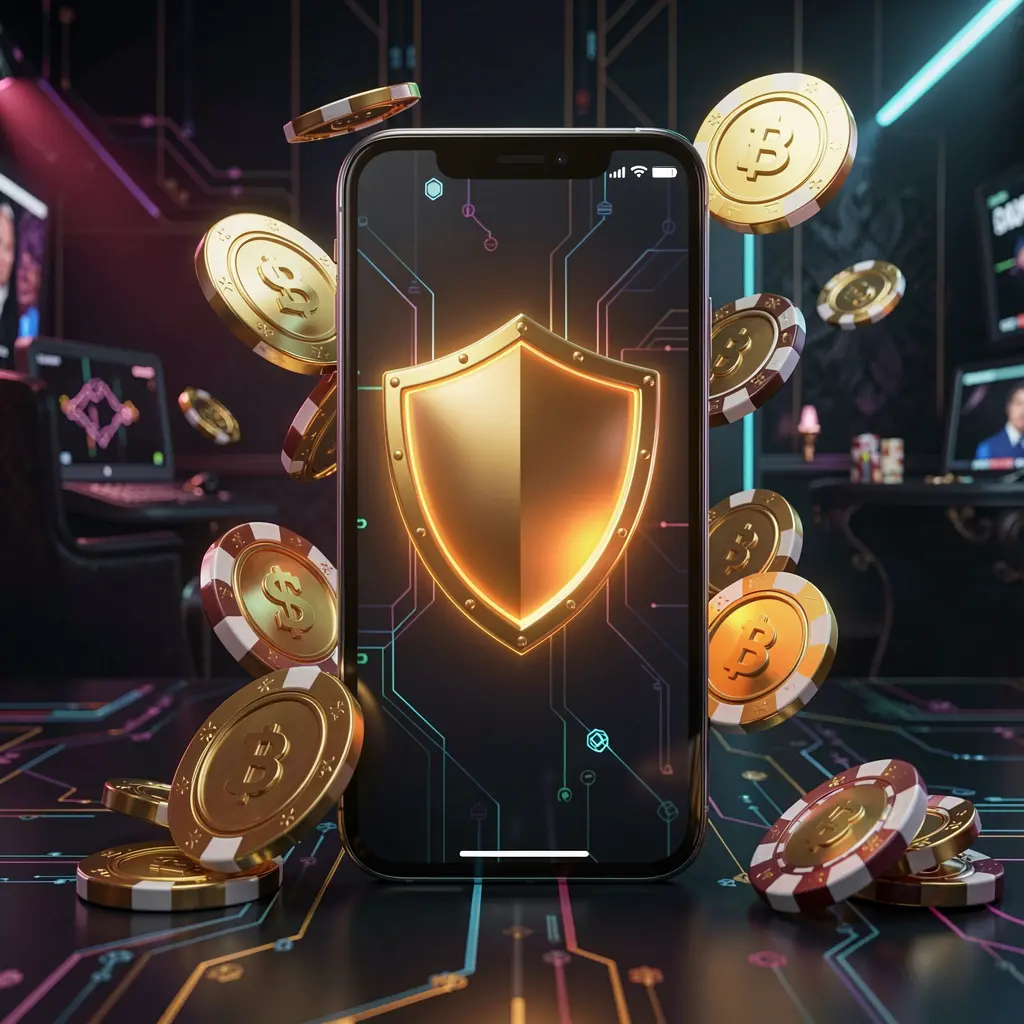 KL234 secure mobile casino app concept showing a smartphone with a glowing shield icon surrounded by golden coins and chips against a dark luxury cyber background in a realistic 3D render