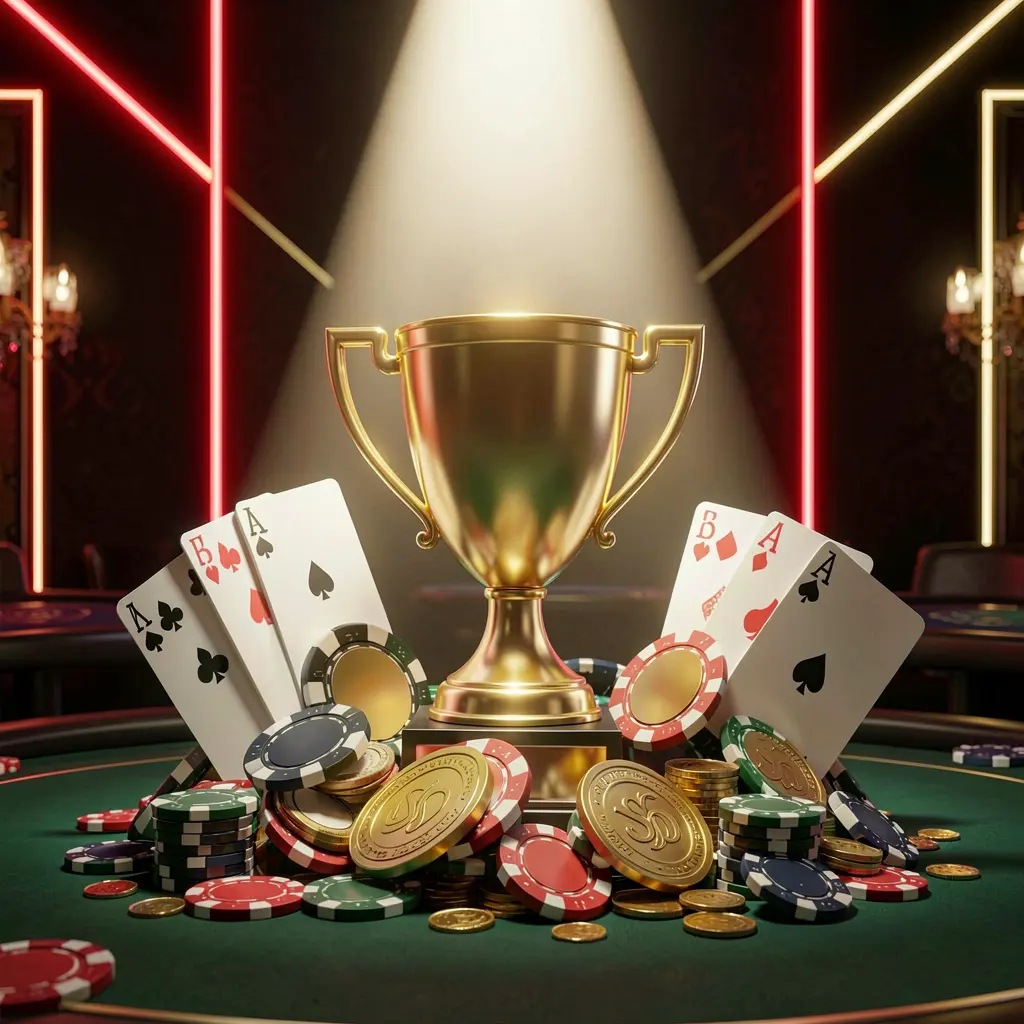 KL234 casino tournament bonus concept featuring a golden trophy surrounded by poker chips, playing cards, and coins under a bright spotlight in a luxury casino setting with dark background and red and gold neon accents