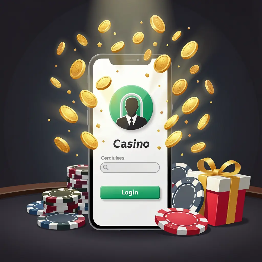 KL234 casino user login illustration showing a phone with a secure access icon, golden coins bursting from the screen, poker chips and a gift box nearby on a dark premium background