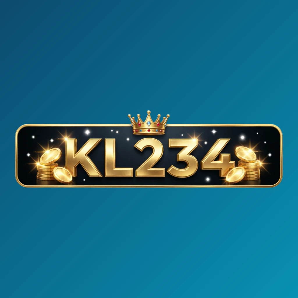 KL234 casino-style logo featuring golden letters with a crown element and sparkling coins, set in a luxury gaming atmosphere on a transparent background, designed as a horizontal rectangular wordmark for website header