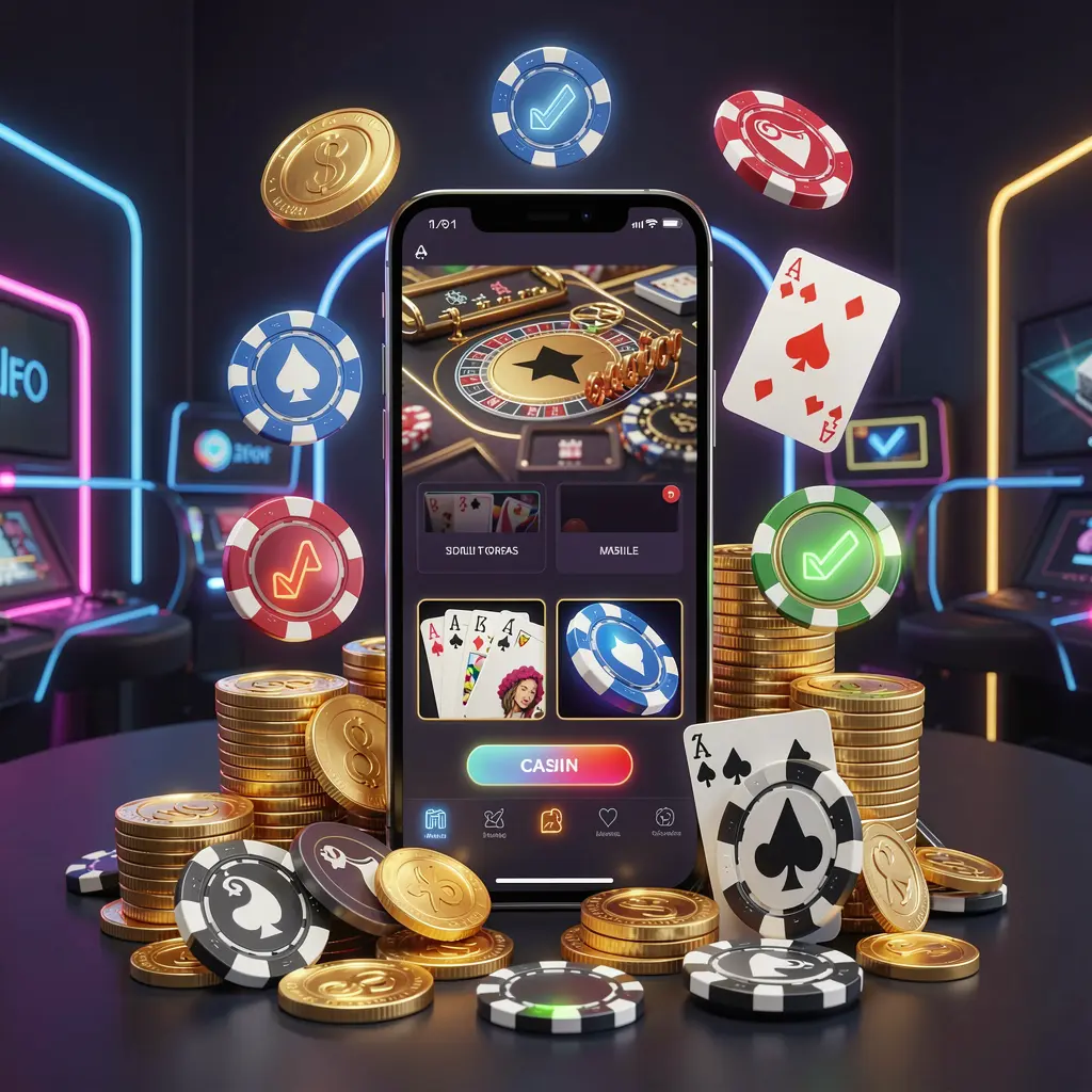 KL234 mobile casino homepage concept showing a smartphone surrounded by golden coins, chips, cards, and glowing icons on a modern dark background with neon accents, illustrating responsible gaming